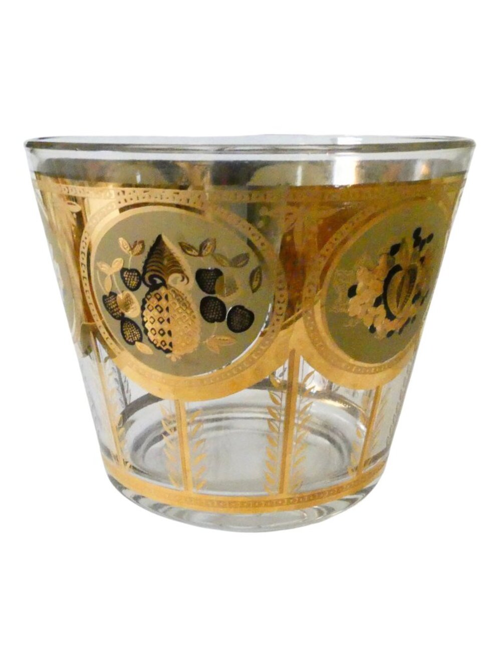 vtg 60s CERA gold metallic fruit print glass ice bucket small